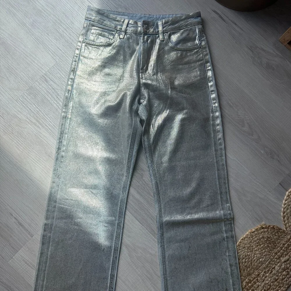 ZARA Gold Metallic Foil High Rise Straight Leg Jeans US 4 EU 36 Ref 6045/217 - Picture 2 of 11